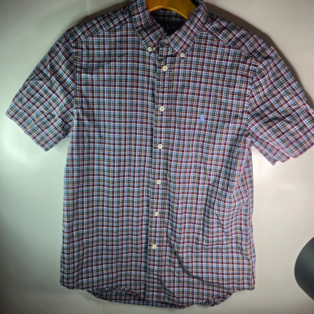 Polo Ralph Lauren Boys L 14-16 Short Sleeve Plaid Shirt Burgundy Blue Stretch